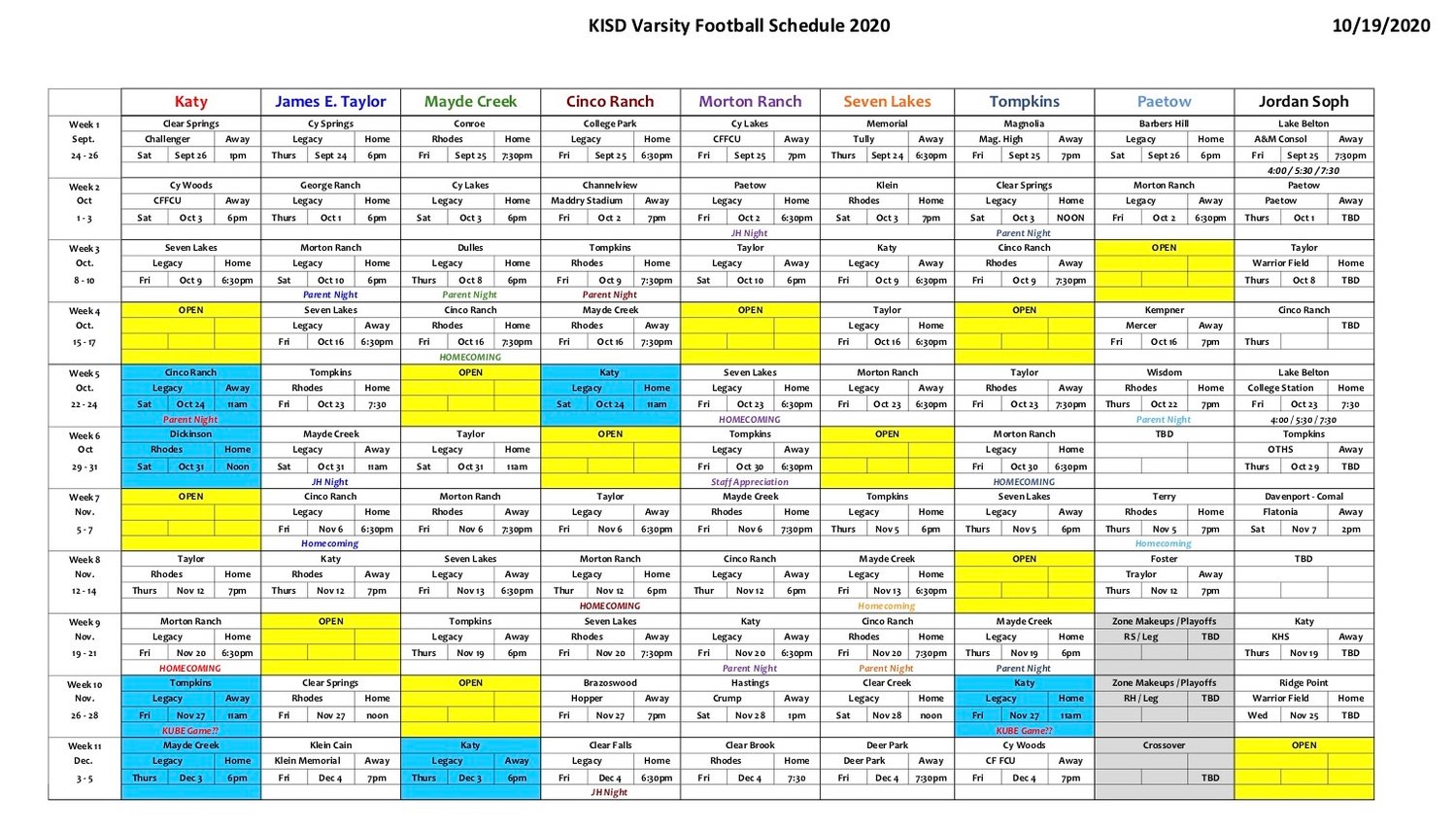 Revised Katy ISD varsity football schedule, as of Oct. 19. Games highlighted in blue mark changes.